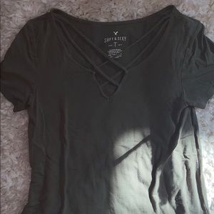 American Eagle army green criss cross tshirt